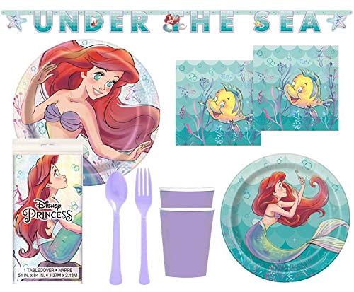 Product Cover The Little Mermaid Ariel Birthday Party Decorations And Tableware Plates Napkins Cups Table Cover Banner Premium Cutlery Serves 16 Guests
