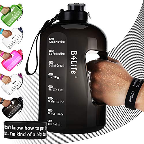 Product Cover B4Life 1 Gallon Water Bottle with Time Marker, Motivational Wristband, Fitness Workout, Drink More Water Daily, Extra Large BPA-Free Water Bottle Leakproof with Flip Top-Proud