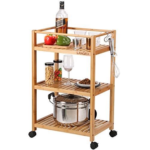 Product Cover LANGRIA 3 Tier Rolling Cart Bamboo Service Kitchen Cart Storage Shelf with Hooks and Lockable Wheels for Home Dinning Room Bathroom Organization (Load 11 lbs. Per Shelf) (18.5