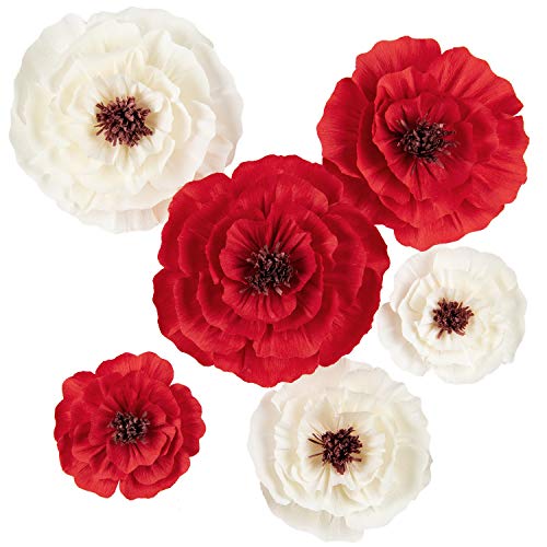 Product Cover Handcrafted Flowers,Large Crepe Paper Flowers(Red+White Set of 5),Handcrafted Flowers for Wedding Backdrop, Birthday Party, Baby Nursery Home Decor, Baby Shower, Nursery Wall Decor,Archway Decoration