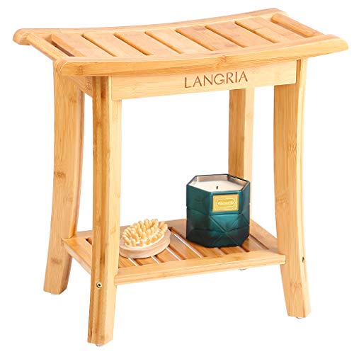 Product Cover LANGRIA Bamboo Shower Bench Waterproof Wood Shower Chair, Spa Bath Organizer Seat Stool with Rubber Feet Hanging Rods for Indoor or Outdoor Bathroom Shower Seat (18.20