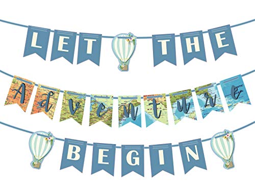 Product Cover Let the Adventure Begin Banner Adventure Awaits Bon Voyage Map Banner for Travel Themed Party Decorations Supplies Pre Strung & Ready to Hang