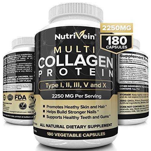 Product Cover Nutrivein Multi Collagen Pills 2250mg - 180 Collagen Capsules - Type I, II, III, V, X - Anti-Aging, Healthy Joints, Hair, Skin, Bones, Nails, Hydrolyzed Protein Collagen Peptides for Woman and Men