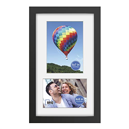 Product Cover RPJC 8x14 Soild Wood 2 Opening Picture Frames with High Definition Glass Display 4x6 and 5x7 with Mat or 8x14 Without Mat for Wall Mounting Hanging Collage Photo Frame Black