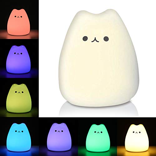 Product Cover Litake LED Night Light, Battery Powered Silicone Cute Cat Carton Nursery Lights with Warm White and 7-Color Breathing Modes for Kids Baby Children (Mini Celebrity Cat)