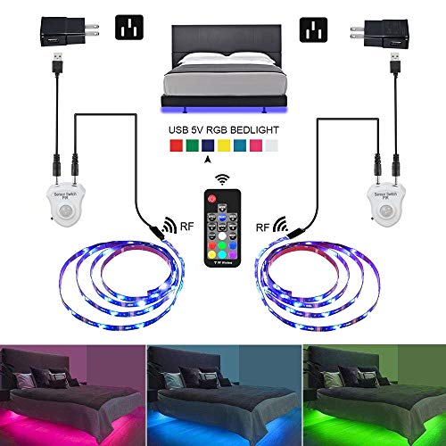 Product Cover Under Bed Lights,LEHOU 6.56ftX2 Motion Activated Illumination RGB Include Warm Color LED Strip Light Kit Motion Sensor Night Light with Automatic Shut Off Timer for Bed, Cabinet, Stair,Toilet (Double)