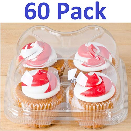 Product Cover 60 Cupcake Containers Plastic Disposable | High Dome Cupcake Boxes | 4 Compartment Cupcake Holders Disposable Cupcake Carrier | Stackable Cupcake Trays | Durable Cup Cake Muffin Packaging Transporter