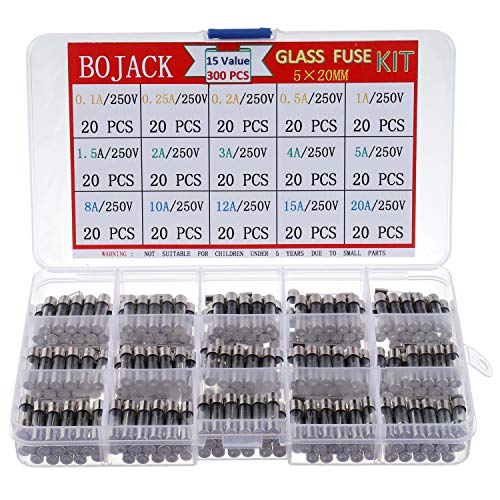 Product Cover BOJACK 15 Values 300pcs Fast-Blow Glass Fuses Assortment Kit 5x20mm 250V 0.1 0.2 0.25 0.5 1 1.5 2 3 4 5 8 10 12 15 20A amp packag in a Clear Plastic Box