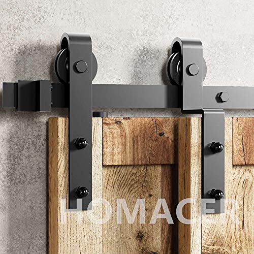 Product Cover Homacer Sliding Barn Door Hardware Single Track Bypass Double Door Kit, 6.6FT Flat Track Classic Design Roller, Black Rustic Heavy Duty Interior Exterior Use