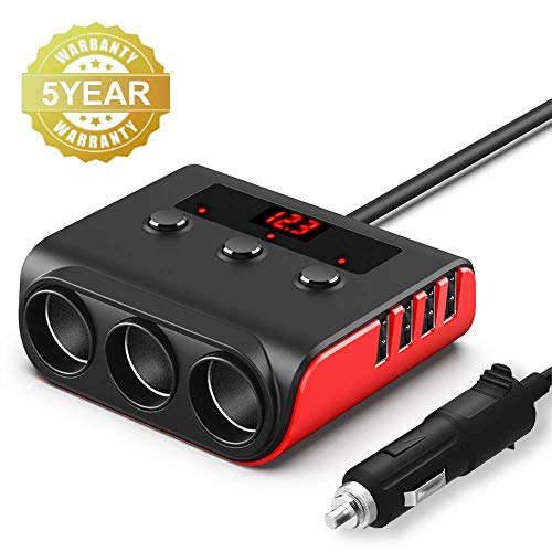 Product Cover Car Cigarette Lighter Splitter, SONRU 100W 12V/24V Car Charger with 4 USB Ports and 3 Sockets Cigarette Lighter Power Splitter, On/Off Switch and Voltage Display, Red