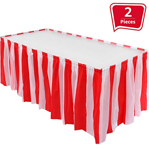 Product Cover 2 Pieces Red White Striped Table Skirt Circus Theme Table Skirt for Carnival Home Decoration Party Supplies