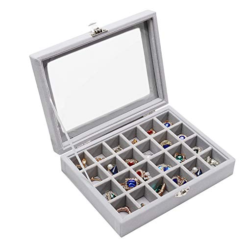 Product Cover Stylifing Clear Lid Velvet 24 Grid Jewelry Tray Stackable Jewelry Display Showcase Lockable Jewelry Organizer Box Gifts for Girls Women (24 Grid Grey)