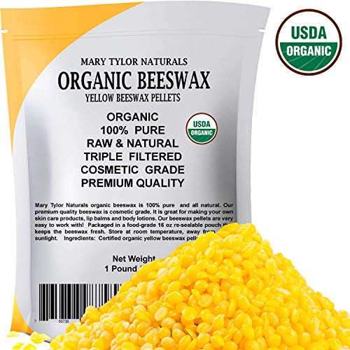 Product Cover Certified Organic Yellow Beeswax Pellets 1lb by Mary Tylor Naturals, Premium Quality, Cosmetic Grade, Triple Filtered Bees Wax Pastilles Great for DIY Lip Balm Recipes Body Creams Lotions Deodorants