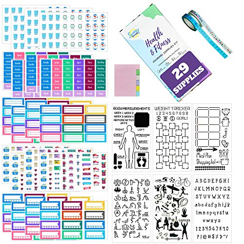 Product Cover Health and Fitness Journal Supplies Kit - 29 Piece Set, Custom-Designed Supplies for Bullet Journal Workout Planners Including Stickers, Stencils, Washi Tape and Sticky Notes by Sunny Streak