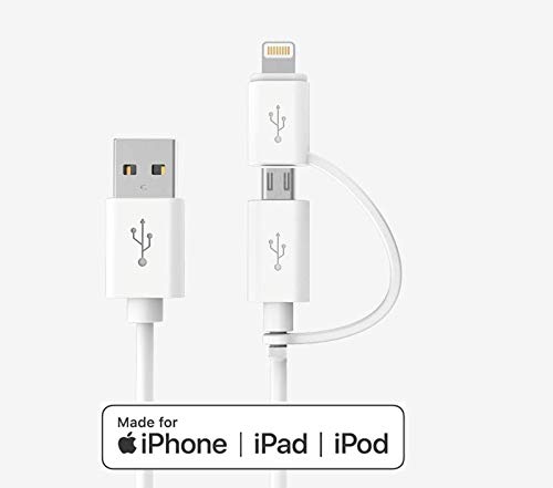 Product Cover Apple MFi Certified 2 in 1 iPhone Charger Lightning Cable and Micro USB to USB Charger Cord, Compatible iPhone X, 8, 8 Plus,7 Plus, Nexus, LG, HTC Android Data Cable (2 in 1 White(6FT))
