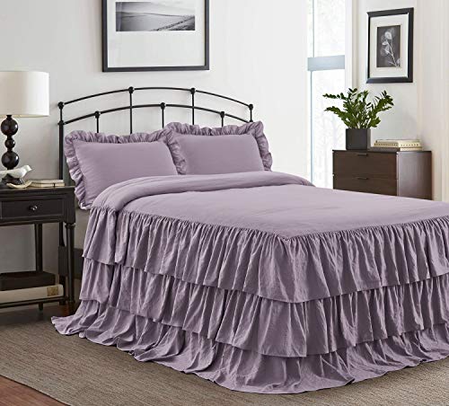 Product Cover HIG 3 Piece Ruffle Skirt Bedspread Set Queen-Purple Color 30 inches Drop Ruffled Style Bed Skirt Coverlets Bedspreads Dust Ruffles- Echo Bedding Collections Queen Size-1 Bedspread, 2 Standard Shams