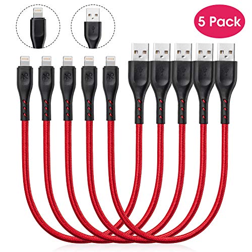 Product Cover Short 1Ft iPhone Charging Cable, 5 Pack 1 Feet Lightning Cable Certified Nylon Braided Fast Charger Cord Compatible with iPhone XR X 8 7 6S 6 Plus iPad 2 3 4 Mini, iPad Pro Air, iPod (Red)