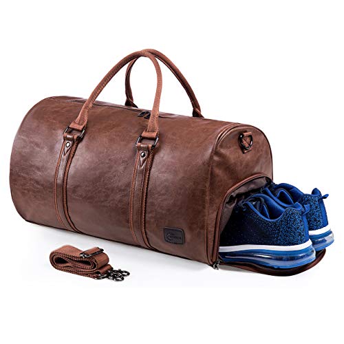 Product Cover Leather Travel Bag with Shoe Pouch， Waterproof Weekender Overnight Bag, Large Carry On Duffel Bag for Men Women-Brown