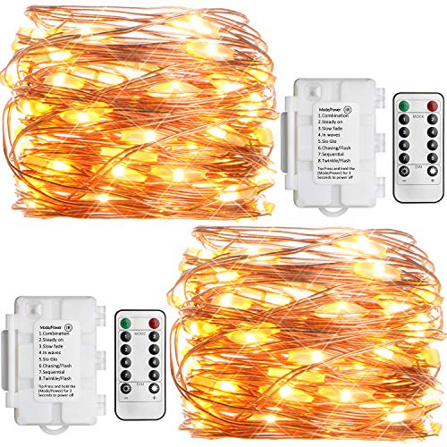 Product Cover Koopower 2 Pack Outdoor String Lights 16ft 50 LEDs Battery Operated Fairy Lights 8 Mode Waterproof Copper Wire Lights for Bedroom, Garden, Easter, Xmax Decoration Warm White (Remote and Timer)