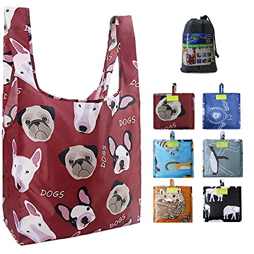 Product Cover Reusable-Grocery-Shopping-Tote-Bags-Foldable 6 Pack Extra Large 50LBS Machine Washable Ripstop Nylon Fabric Cute Animal Designs Black Elephant Brown Hedgehog Blue Cat Navy Turtle Red Dog Grey Penguin