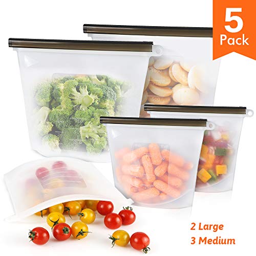 Product Cover Reusable Silicone Food Storage Bags - 5 Pack Dishwasher Microwave Freezer Safe Ziplock Leakproof Bag Containers Gallon for Snack Fruit Vegetable Sandwich Lunch Milk Size 2pcs Large & 3pcs Medium