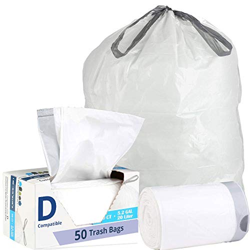 Product Cover Plasticplace Custom Fit Trash Bags │ Simplehuman Code D Compatible (50 Count) │ White Drawstring Garbage Liners 5.2 Gallon / 20 Liter │ 15.75