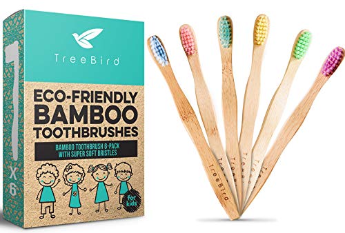 Product Cover Kids Bamboo Toothbrush 6-Pack | Super Soft Bristles | Eco-Friendly Dental Care For Children | Compostable Natural Organic Wood Handles | Colorful BPA-Free Brushheads