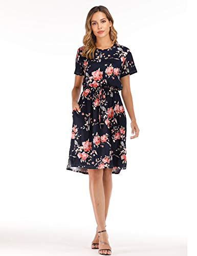 Product Cover AKEWEI Women's Casual Summer Floral Print Dresses Long/Short Sleeve Midi Dress with Pockets