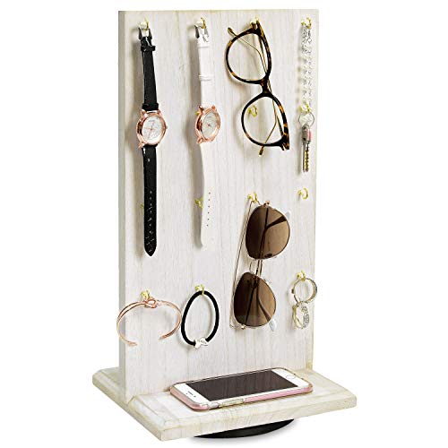 Product Cover Ikee Design Wooden Rotating Two-Sided Jewelry Display Stand, Rotating Organizer with 32 Hooks for Store, Home Decoration, Keychain Display, Wash White Color, 9