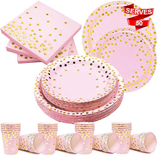 Product Cover Modda 200Pcs Pink and Gold Dot Disposable Paper Plates, Cup, Napkin Set - 50 Dinner and Dessert Plates, 50 Cups and Napkins - Engagement Birthday Bachelorette Baby Shower Party Plates, Dinnerware Sets