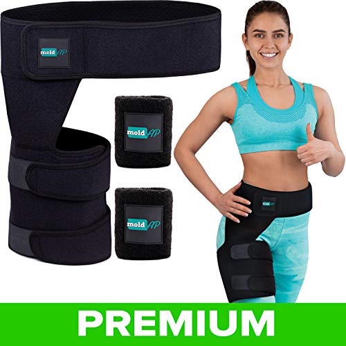 Product Cover Hip Brace for Left and Right Legs - Compression Support for Sciatica Pain Relief Thigh Hamstring Quadriceps Hip Arthritis - Groin Wrap for Pulled Muscles - 2 Wristbands Included by moldAP