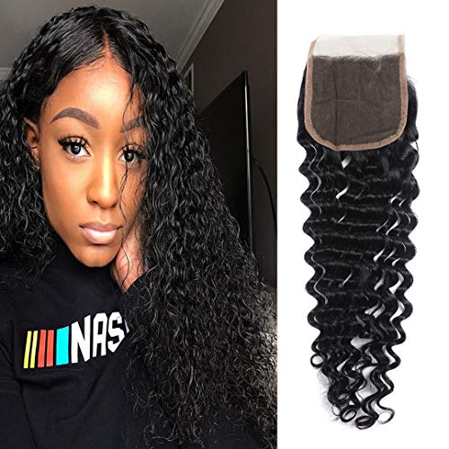 Product Cover Brazilian Deep Wave Closure 4x4 Free Part 100% Unprocessed Virgin Human Hair Deep Curly Lace Closure Natural Black by Msjoli (16 Inch Free Part)