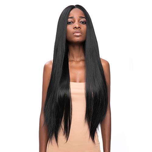 Product Cover WELLKAGE 29inches Long Straight Black Synthetic Lace Front Wigs for Women Heat Resistant Wig