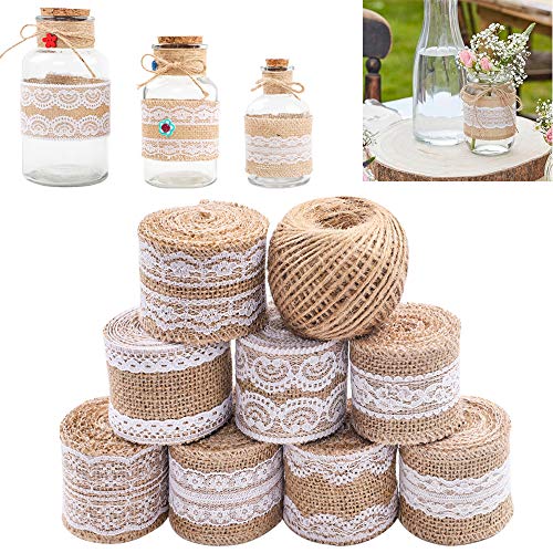 Product Cover SGHUO 8pcs Burlap Ribbon Lace Roll with 164 Feet Jute Twine 630 Inches Wired Burlap Ribbon for Wedding Decorations DIY Handmade Crafts