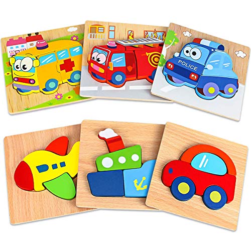 Product Cover Dreampark Wooden Jigsaw Puzzles, 6 Pack Vehicle Puzzles for Kids Toddlers 1 2 3 Years Old Educational Toys Gifts for Boys and Girls