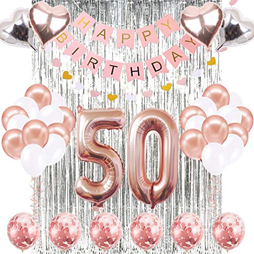 Product Cover 50th Birthday Decorations Banner Balloon, Happy Birthday Banner, 50th Rose Gold Number Balloons, Number 50 Birthday Balloons, 50 Years Old Birthday Decoration Supplies