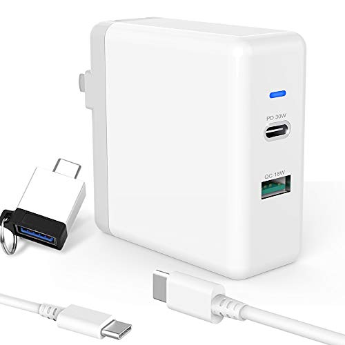 Product Cover USB C Charger for 2018 iPad Pro 11, 12.9, New MacBook Air, MacBook 12 inch, Samsung S8/S9/S10/Note10, 2 Ports 48W USB C Power Delivery and QC Charger, with 6.6FT C-C Cable and USB Adapter