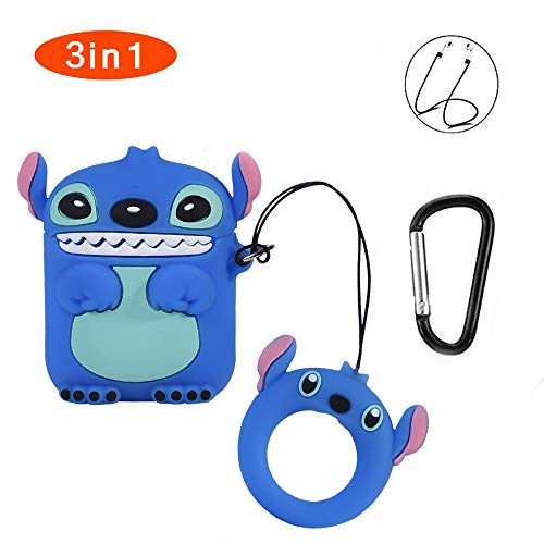 Product Cover RcLigent Character Airpods 1&2 Case,Cute 3D Stitch Soft Silicone Cartoon Shockproof Case with Keychain for Apple Airpods Cover(Blue Stitch)
