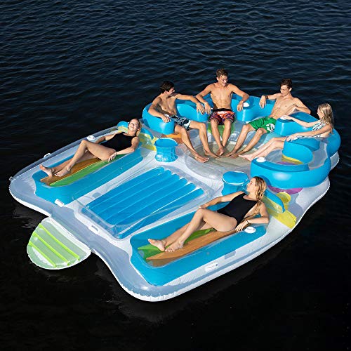 Product Cover Tropical Tahiti Floating Island Inflatable Raft 7 Person! Built-in Inflatable Bench Seat with Backrests and Cooler! Inflatable Island with 2 Sun Tanning Decks! Perfect for Relaxation & Recreation!