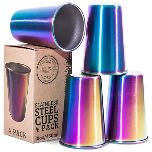 Product Cover Rainbow Stainless Steel Cups 16 oz 4-Pack | Ideal for Kids & Adults | Reusable Drinking Supplies for Birthday Party, Camping, Travel, Outdoors | Durable & Unbreakable | BPA Free