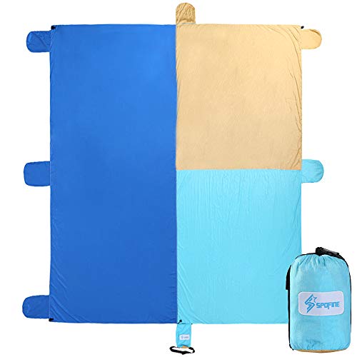 Product Cover Spofine Beach Blanket Sand Proof, Oversized 10'X 9' Beach Mat Sand Free, Compact Sand Blanket, Giant Beach Towel Sand Fall Through, Quick Dry, 6 Sand Anchors & 2 Pockets. (Blue&Golden)
