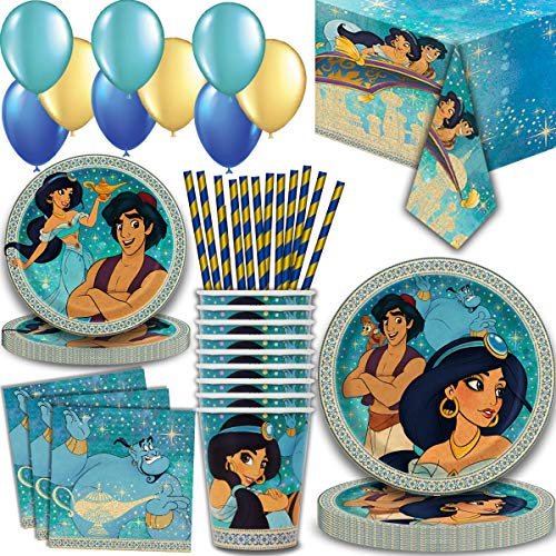 Product Cover Aladdin Party Supplies for 16 - Large Plates, cake plates, Napkins, Tablecloth, Cups, Straws - Great Decorative Birthday Set with Aladdin, Jasmine, Genie, Magic Carpet, Sultan, Abu, Jafar and more!