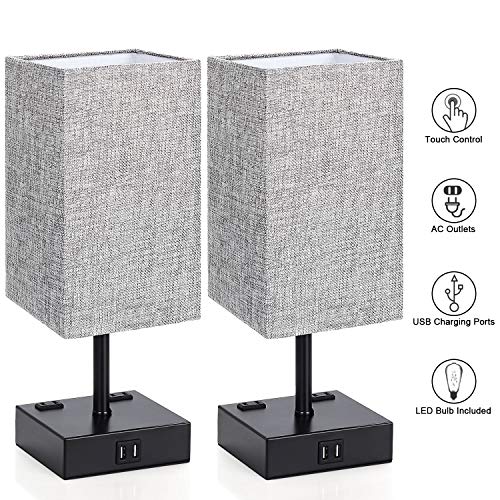 Product Cover Touch Control Table Lamp, 3 Way Dimmable Bedside Desk Lamps with 2 USB Charging Ports 2 AC Outlets, Grey Fabric Shade Modern Nightlight for Bedroom Living Room, ST64 E26 LED Bulbs Included, Set of 2