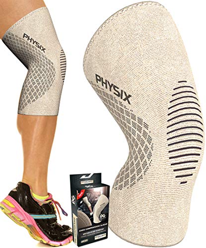 Product Cover Physix Gear Knee Support Brace - Premium Recovery & Compression Sleeve for Meniscus Tear, ACL, MCL Running & Arthritis - Best Neoprene Stabilizer Wrap for Crossfit, Squats & Workouts (Single Beige L)
