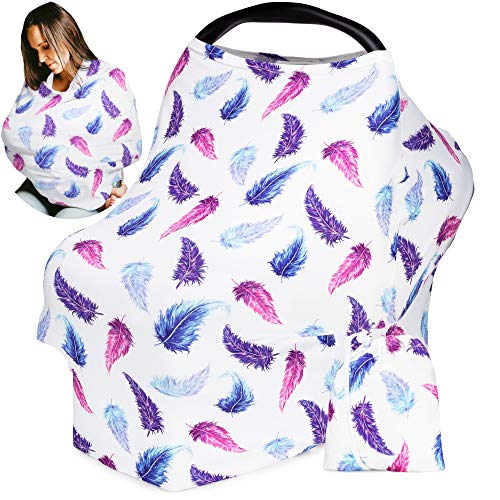 Product Cover Nursing Cover, Car Seat Canopy for Babies, Infant Breastfeeding Scarf - High Chair, Stroller, Baby Carrier Cover for Girls, Soft, Stretchy, Shower Gifts, Step 1 Kids (Pink, Blue Feathers)