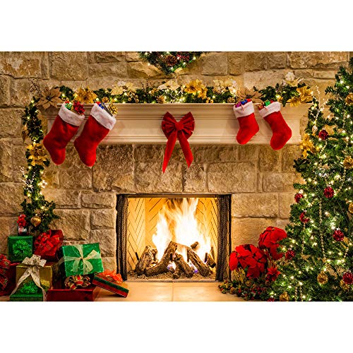 Product Cover Haboke 7x5ft Soft Durable Fabric Christmas Fireplace Theme Backdrop for Photography Tree Sock Gift Decorations for Xmas Party Supplies Photo Background Pictures Banner Studio Decor Booth Props