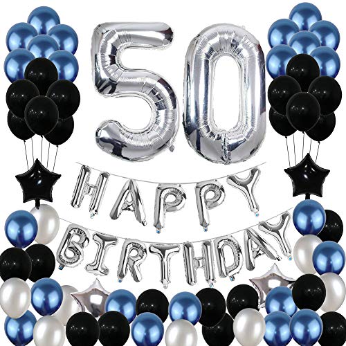 Product Cover 50th Birthday Decorations,50 Birthday Balloons Party Supplies Happy 50 Birthday Banner Blue and Silver Black Foil Star Balloons for Women Men(81PCS)