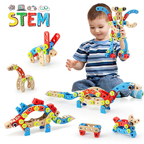Product Cover LUKAT STEM Toy for 3 4 5 6 7 Year Olds Boys, 96 PCS Wooden Building Toys for Kids, 4 in 1 Educational Kids Construction Blocks Toys, Birthday Gifts for Boy & Girl