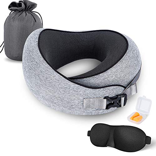 Product Cover MZYSKJ Travel Pillow 100% Pure Memory Foam Neck Pillow, Comfortable & Breathable Cover, Ergonomic Design Ultra Soft Full Neck Chin Support Adjustable, 3D Contoured Sleep Mask, Earplugs, Standard, Grey