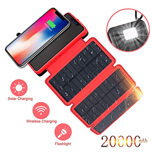 Product Cover Solar Charger 20000mAh, Solar Power Bank Portable Wireless External Battery Pack with 3 Solar Panels, Emergency Flashlight for Smartphone